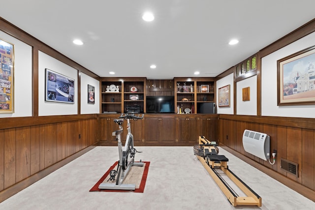 4318 Lyon Dr, Upper Arlington, OH 43220 - workout area featuring carpet, heating unit, a decorative wall, recessed lighting, and built in features