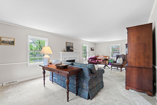 4318 Lyon Dr, Upper Arlington, OH 43220 - living room featuring a premium fireplace, ornamental molding, and light colored carpet
