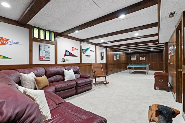 4318 Lyon Dr, Upper Arlington, OH 43220 - carpeted living room with wood walls, beam ceiling, pool table, and recessed lighting