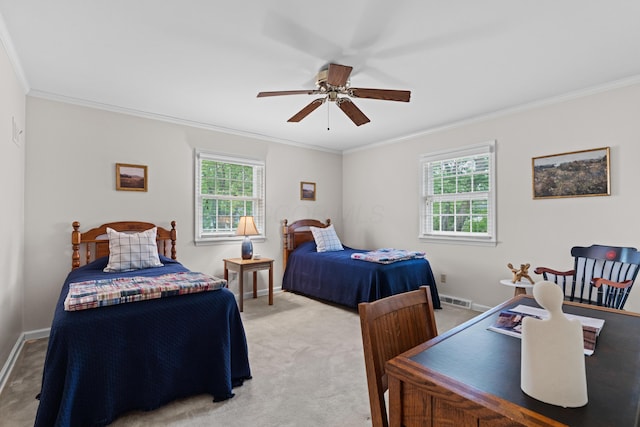 4318 Lyon Dr, Upper Arlington, OH 43220 - bedroom featuring light colored carpet, ornamental molding, and a ceiling fan