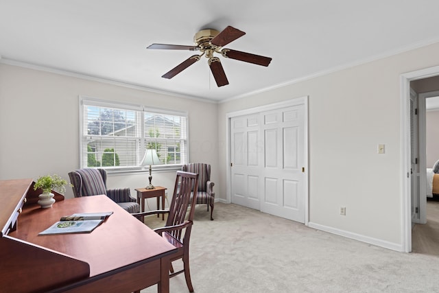 4318 Lyon Dr, Upper Arlington, OH 43220 - home office with crown molding, light colored carpet, and a ceiling fan