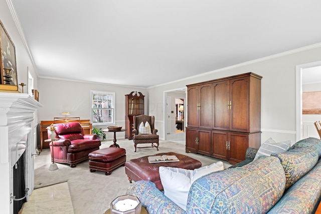 4318 Lyon Dr, Upper Arlington, OH 43220 - living room featuring crown molding, light colored carpet, and a fireplace with flush hearth