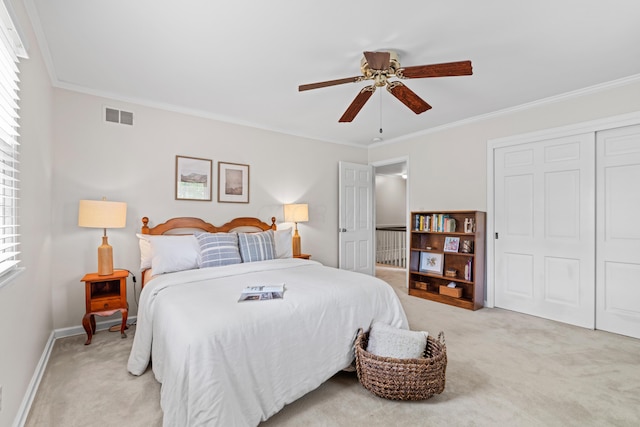 4318 Lyon Dr, Upper Arlington, OH 43220 - bedroom with light carpet, crown molding, a closet, and ceiling fan
