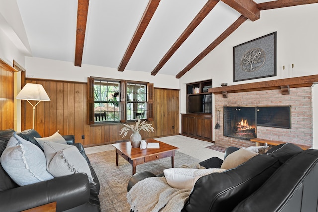 4318 Lyon Dr, Upper Arlington, OH 43220 - living area with wooden walls, beam ceiling, a brick fireplace, high vaulted ceiling, and light colored carpet