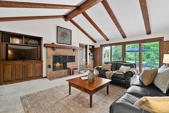 4318 Lyon Dr, Upper Arlington, OH 43220 - carpeted living room featuring a brick fireplace, beamed ceiling, and high vaulted ceiling