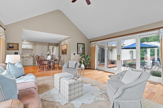 4318 Lyon Dr, Upper Arlington, OH 43220 - living area featuring high vaulted ceiling, a ceiling fan, and light wood-type flooring