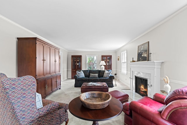 4318 Lyon Dr, Upper Arlington, OH 43220 - living room with ornamental molding, a high end fireplace, and light carpet