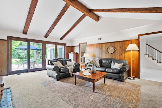 4318 Lyon Dr, Upper Arlington, OH 43220 - carpeted living area with stairway, beam ceiling, wooden walls, and high vaulted ceiling