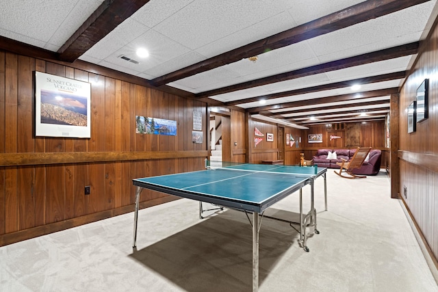 4318 Lyon Dr, Upper Arlington, OH 43220 - recreation room featuring beam ceiling, wood walls, and light colored carpet