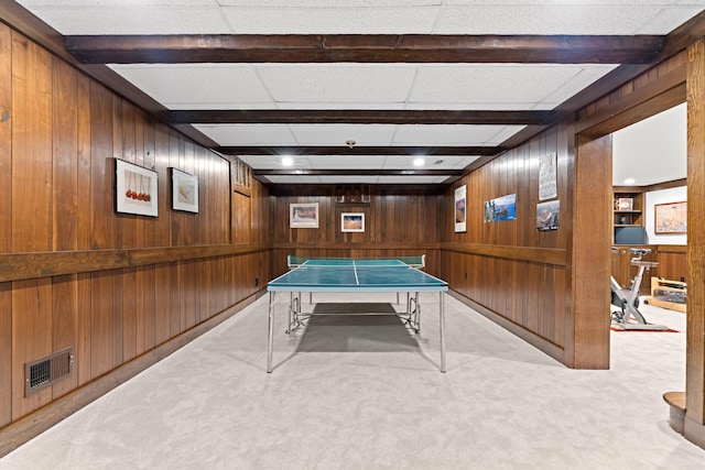 4318 Lyon Dr, Upper Arlington, OH 43220 - recreation room featuring carpet flooring, wooden walls, and beam ceiling