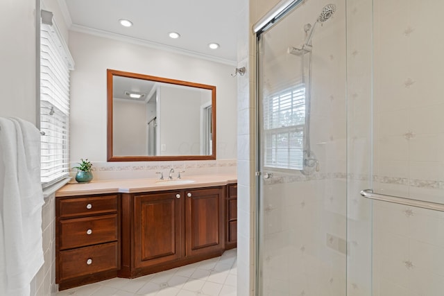 4318 Lyon Dr, Upper Arlington, OH 43220 - bathroom with plenty of natural light, vanity, a shower stall, crown molding, and recessed lighting