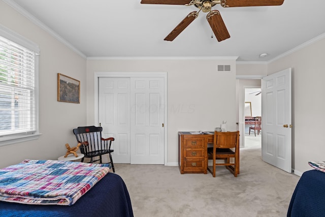 4318 Lyon Dr, Upper Arlington, OH 43220 - bedroom with crown molding, multiple windows, light colored carpet, a closet, and ceiling fan