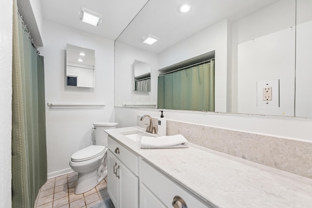 full bathroom featuring tile patterned flooring, vanity, baseboards, toilet, and recessed lighting