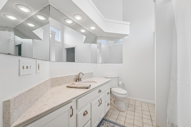 full bath featuring toilet, tile patterned floors, recessed lighting, and vanity