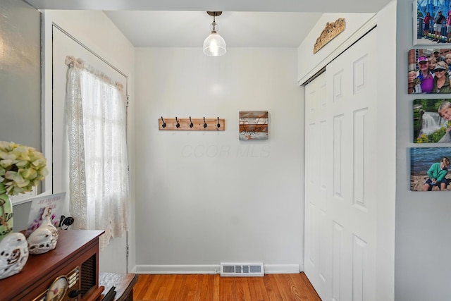 doorway to outside featuring baseboards, visible vents, and light wood-style floors