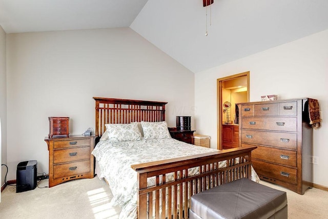 bedroom with lofted ceiling, a ceiling fan, baseboards, and light colored carpet