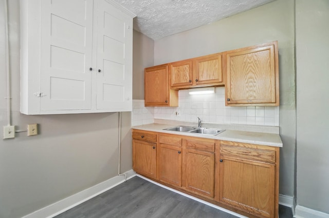 kitchen featuring dark wood-style flooring, a sink, light countertops, a textured ceiling, and backsplash