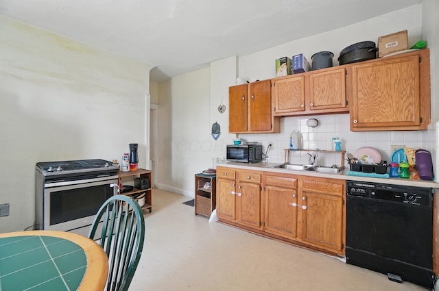 kitchen with a sink, backsplash, black dishwasher, and light countertops