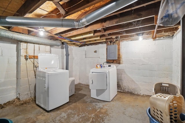 unfinished basement featuring electric panel and washing machine and clothes dryer