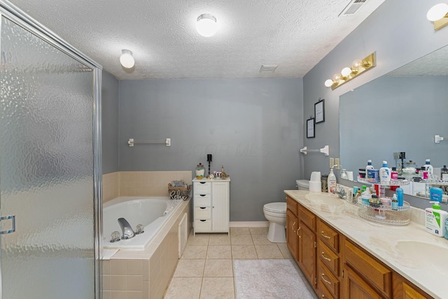 full bath with a bath, tile patterned floors, visible vents, and a stall shower