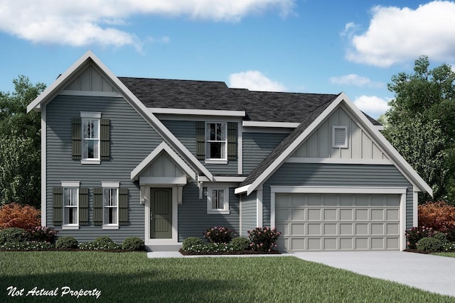 view of front of property with driveway, board and batten siding, a front yard, a garage, and roof with shingles