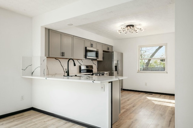 kitchen featuring stainless steel appliances, gray cabinetry, light countertops, and a peninsula