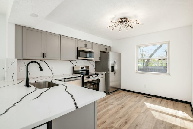 kitchen with a sink, stainless steel appliances, gray cabinets, visible vents, and light stone counters