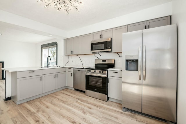 kitchen featuring gray cabinetry, stainless steel appliances, light wood-style flooring, and a sink