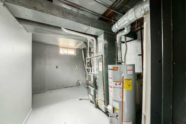 utility room with gas water heater and heating unit
