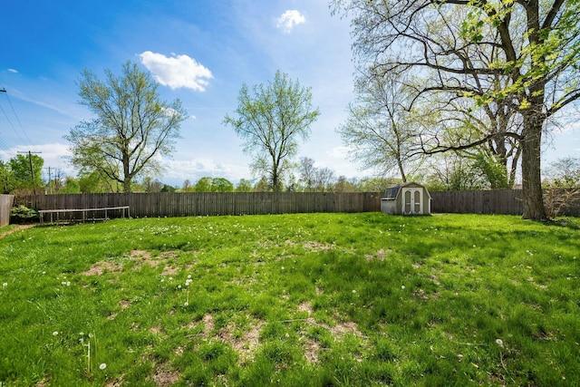 view of yard with an outdoor structure, a shed, and a fenced backyard