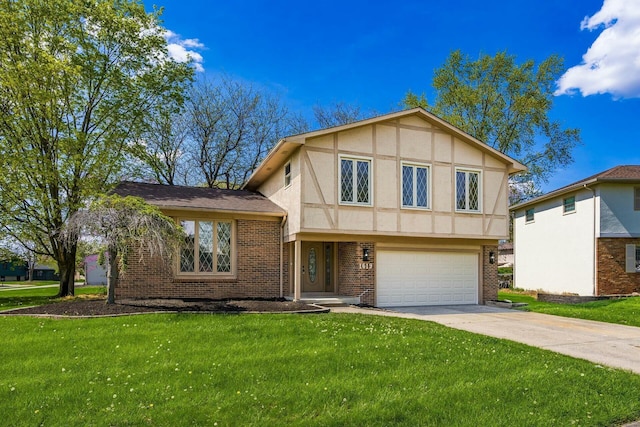 view of front facade with driveway, stucco siding, an attached garage, and brick siding