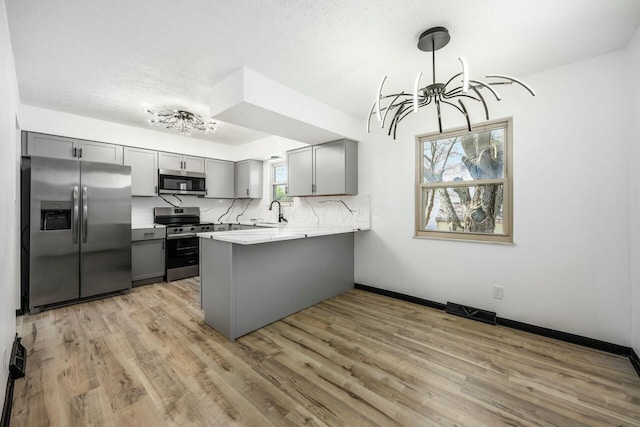 kitchen with appliances with stainless steel finishes, light countertops, gray cabinetry, a notable chandelier, and a peninsula