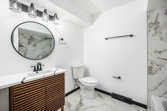 bathroom with marble finish floor, toilet, vanity, baseboards, and visible vents