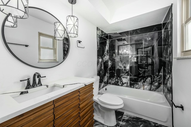 full bathroom with toilet, marble finish floor, shower / washtub combination, and vanity