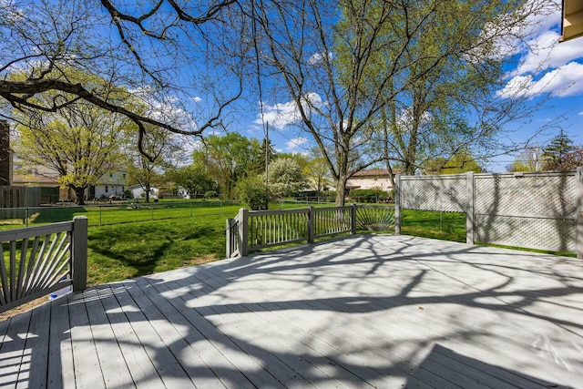 deck with a fenced backyard and a lawn