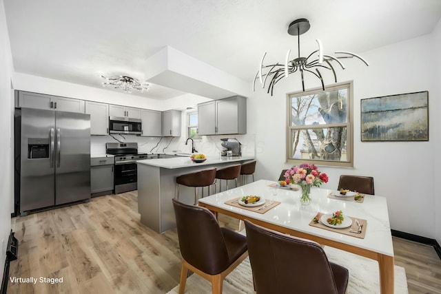 kitchen with appliances with stainless steel finishes, light countertops, light wood finished floors, a peninsula, and gray cabinets