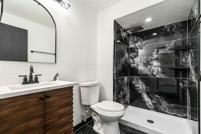full bath featuring recessed lighting, a walk in shower, toilet, and vanity