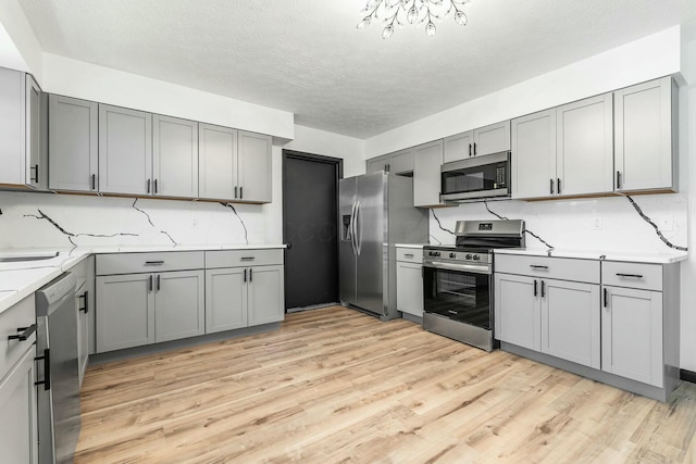 kitchen featuring tasteful backsplash, gray cabinets, stainless steel appliances, and light wood finished floors