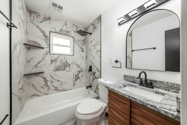 full bath with toilet, shower / tub combination, visible vents, and vanity