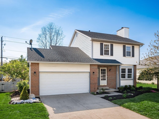 traditional-style house with a chimney, driveway, fence, a garage, and brick siding