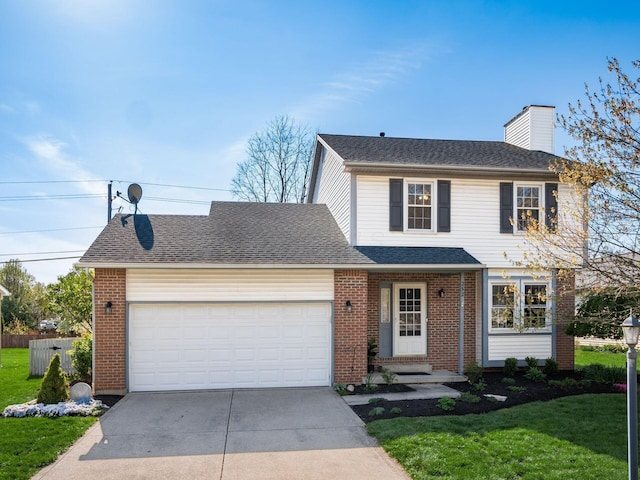 traditional home featuring a chimney, brick siding, and concrete driveway
