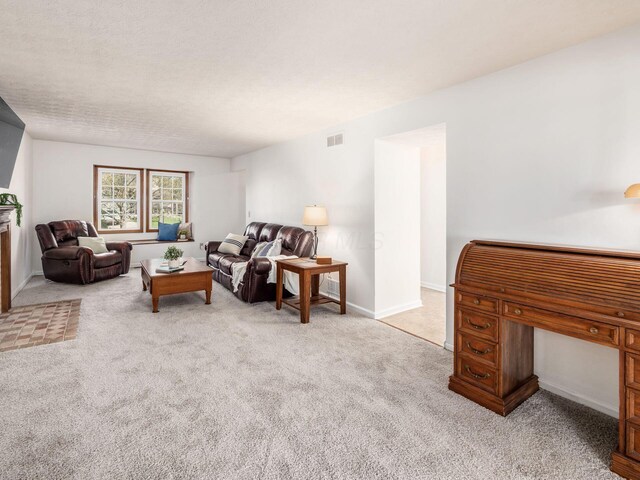 carpeted living area with visible vents and baseboards