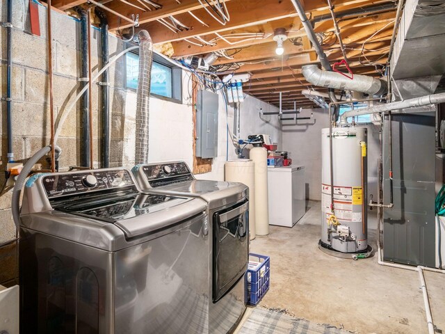 clothes washing area with water heater, heating unit, laundry area, electric panel, and separate washer and dryer