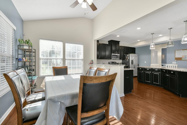 dining room with recessed lighting, plenty of natural light, dark wood-style floors, and ceiling fan