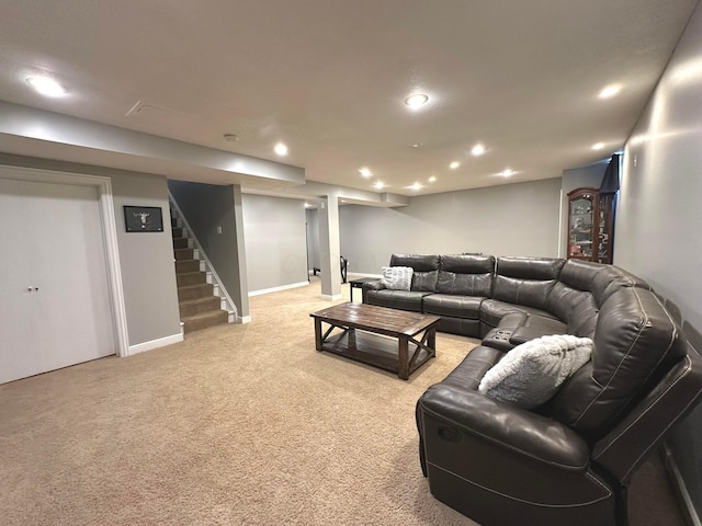 33 Hampden Dr, Granville, OH 43023 - living room with light carpet, recessed lighting, stairway, and baseboards