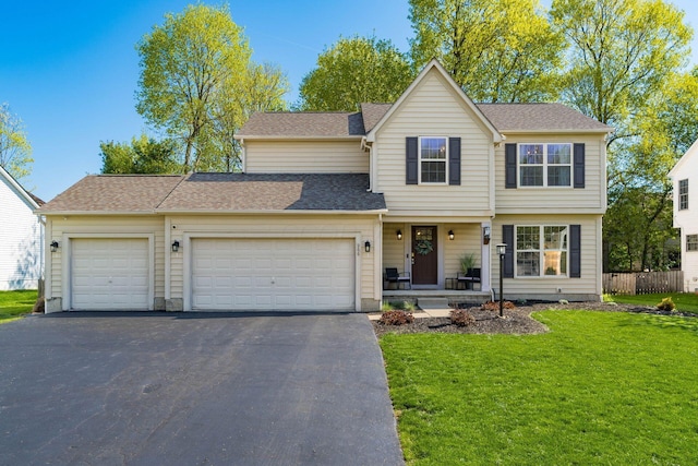 traditional home with fence, aphalt driveway, a front yard, and a garage