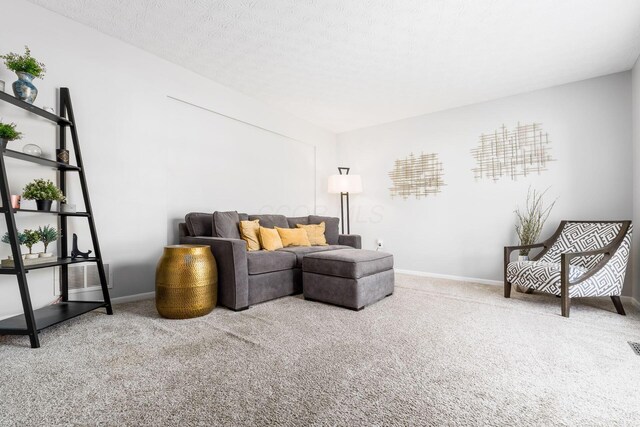 carpeted living area featuring visible vents and baseboards