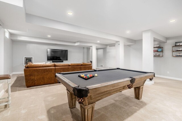 recreation room featuring baseboards, visible vents, recessed lighting, light colored carpet, and billiards