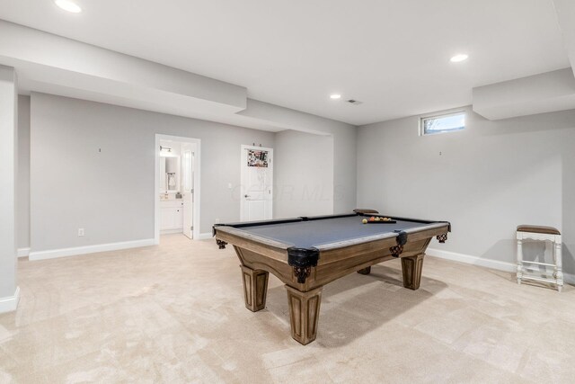 playroom with light colored carpet, baseboards, pool table, and recessed lighting