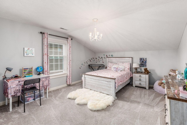 bedroom featuring visible vents, baseboards, carpet, a notable chandelier, and vaulted ceiling